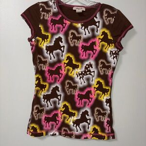 Belle du Jour Girls Brown Neon Horse Graphic Tee Y2K L 10/12 Short Sleeves
